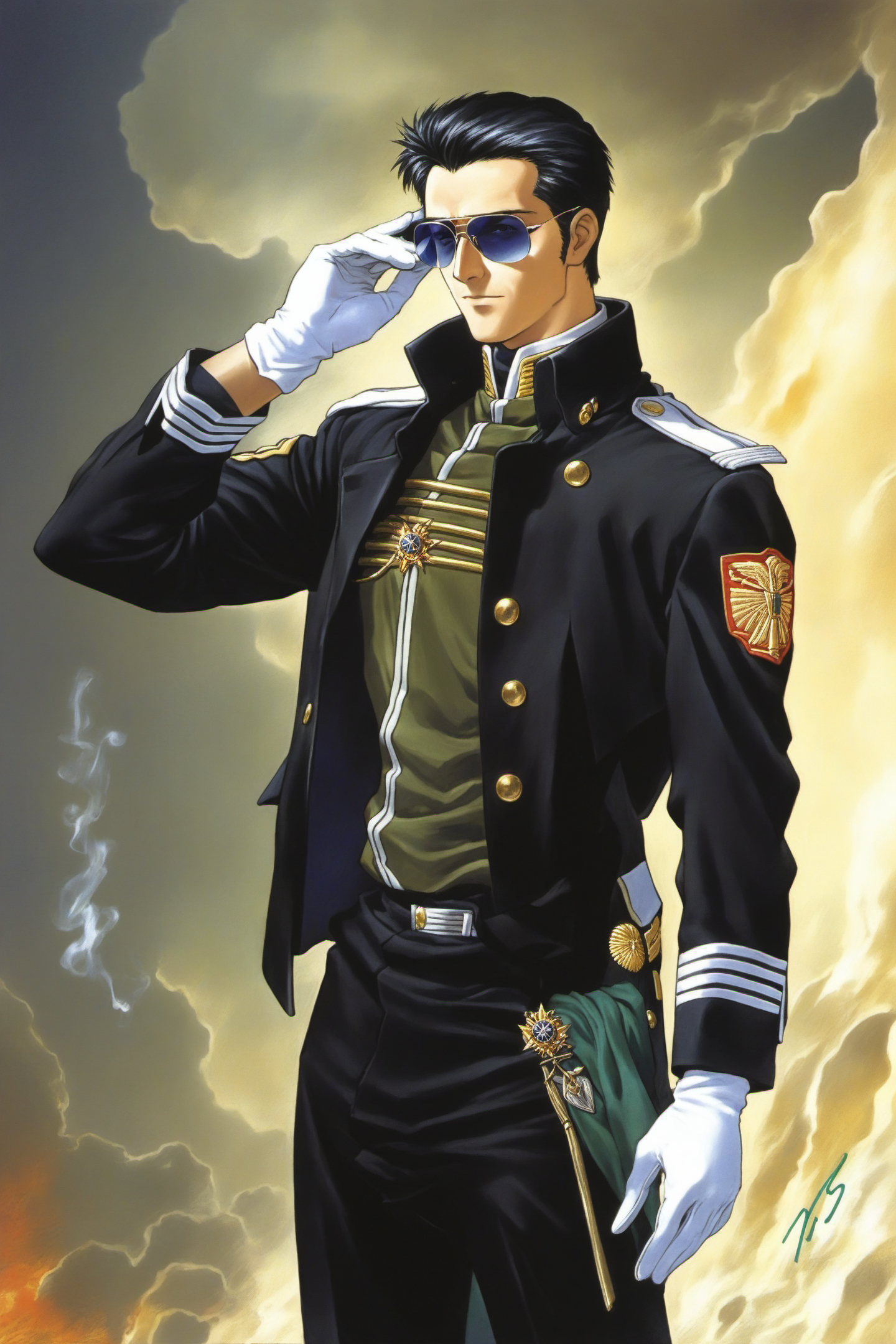 21683-3895211796-male focus, 1boy, solo, gloves, black hair, white gloves, smoke, adjusting eyewear, uniform, military, jacket, standing, sunglas.png